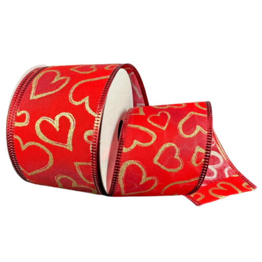 Roll of 2.5-inch red ombré satin ribbon with gold glitter heart outlines and wired red stitched edges (SKU: 16604-40-15).