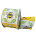 The 2.5 Inch White Satin with Bees and Honey Pots Ribbon (46513-40-01) features bees, honey pots, greenery, and honeycombs on a cheerful yellow background.