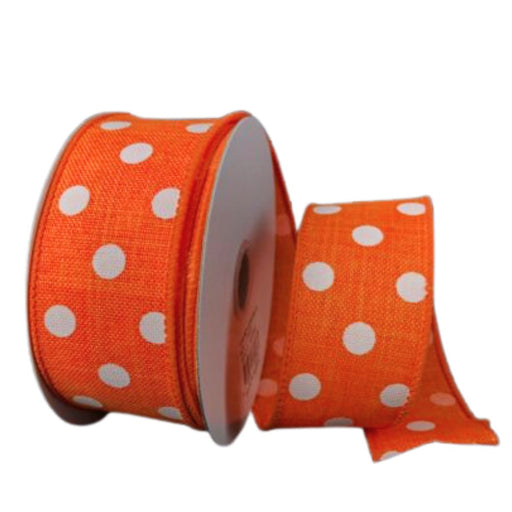 1.5" orange stiff linen ribbon with white polka dots and wired orange stitched edges, shown partially unrolled.