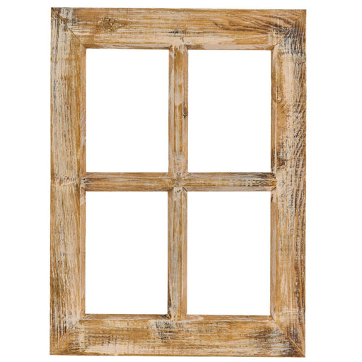 Antique tan and cream distressed decorative wood window frame with four open panes, 20 x 14.75 inches, no glass.