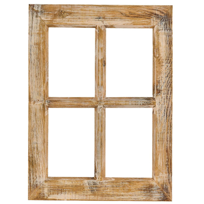 Antique tan and cream distressed decorative wood window frame with four open panes, 20 x 14.75 inches, no glass.