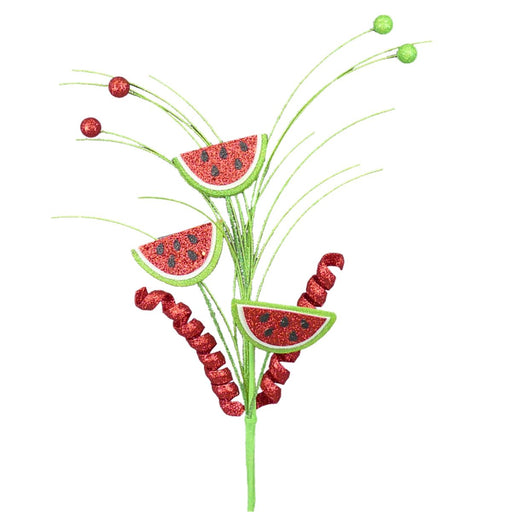 The 20 Inch Glittered Curly Watermelon Pick 62358RDGN features three glittery watermelon slice ornaments, curly red accents, and green glittery balls—perfect for summer wreaths or brightening up your home décor.