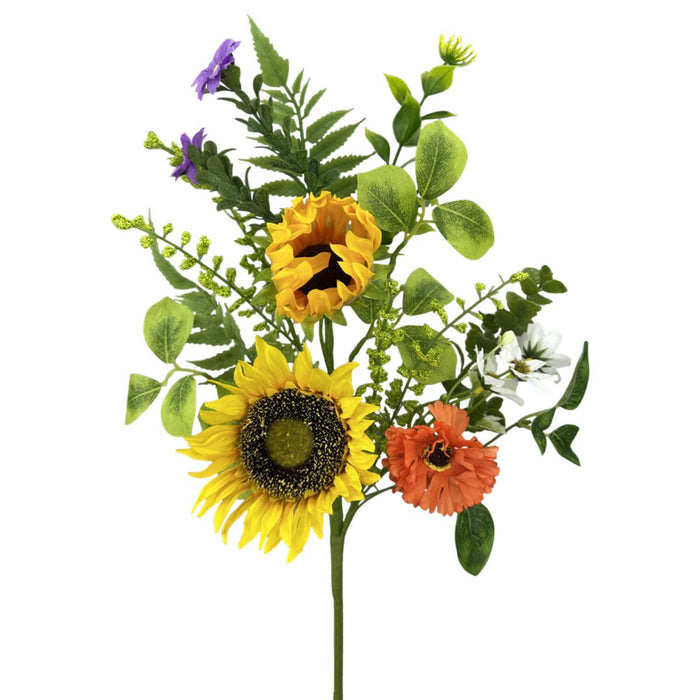 Artificial floral pick with two sunflowers, mixed wildflowers, and green leaves, measuring 20 inches tall.
