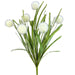 Cream pom pom grass spray with five stems and long green leaves, 21 inches tall.
