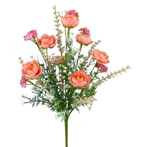 21 inch ranunculus filler bush with pink, orange, and peach blooms, green foliage, and white filler flowers made from synthetic materials