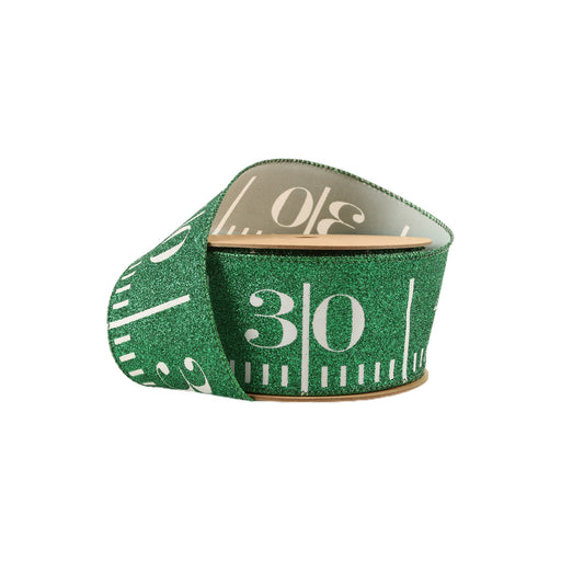 The 2.5" Green Glitter Football Yardage Ribbon 4425W-587-63E, designed with white yard line markings and numbers, resembles a football field—ideal for adding a sporty touch to crafts and décor.