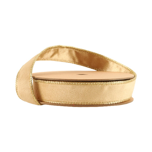 A partially unrolled spool of 1" Tan and Gold Reversible Classic Velvet Ribbon (7115W-835-25E) is displayed against a white background.