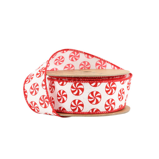 The 1.5" Red and White All over Peppermint Ribbon (9604W-033-38E) features a wired spool with a repeating peppermint pattern and red edging, shown partially unrolled against a white background.