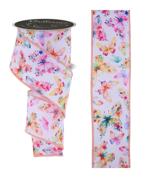 The White Yellow Coral Pink Lavender Botanical Butterflies Ribbon, 2.5 inches by 10 yards (LS1186FM), features a vibrant butterfly and floral pattern—ideal for spring or summer botanical crafts.