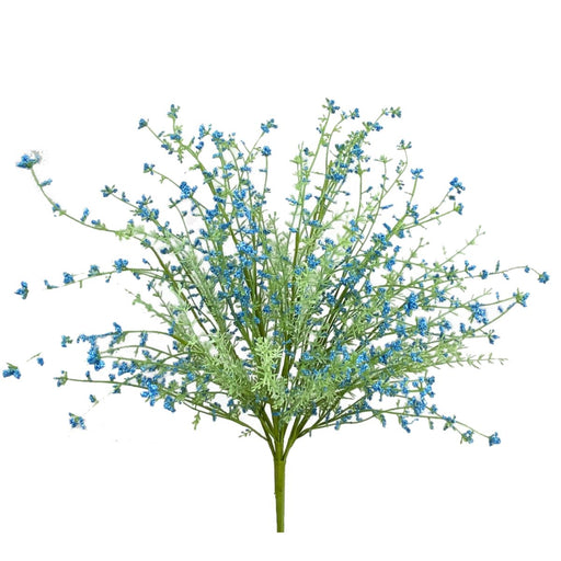 The 22 Inch Blue Filler Bush with 9 Stems and Green Foliage (63097BL) features small blue blooms and light green leaves in a fan shape, ideal as a blue bush or wreath filler against a white background.