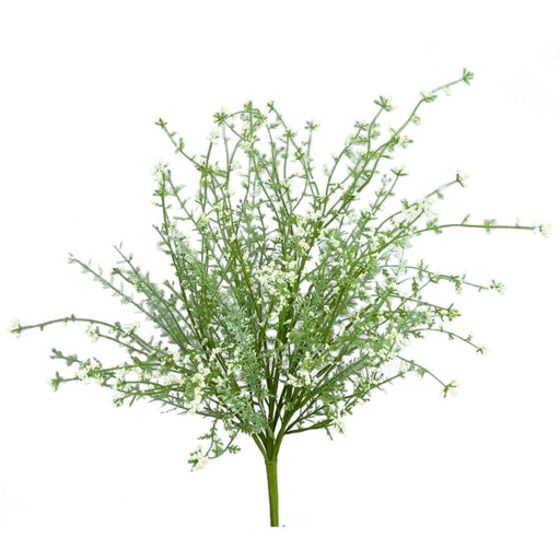 The 22 Inch Cream Filler Bush (63097CM) features 9 green stems with small white blossoms, ideal as a wreath or arrangement filler, and is displayed in a fan shape against a plain white background.