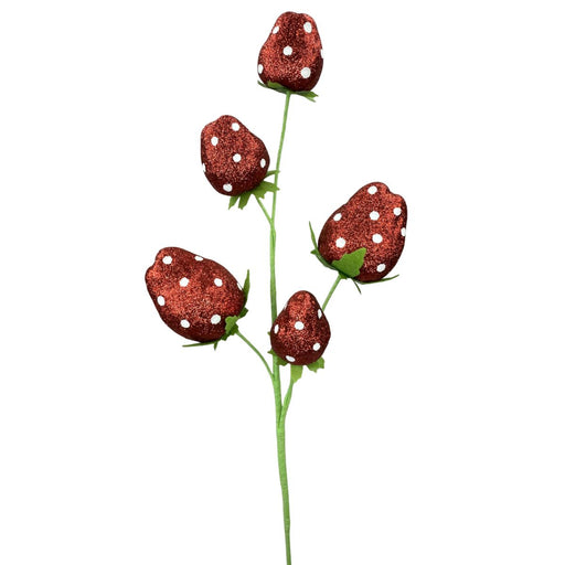 22-inch artificial strawberry spray with red glitter polka dot strawberries and green leaves for whimsical decor.