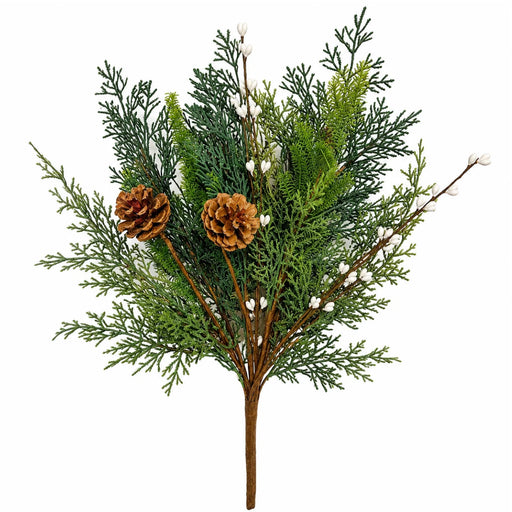 22-inch real touch mixed greenery spray with green pine and cedar-style foliage, brown pinecones, and white pip berries, XS85200.