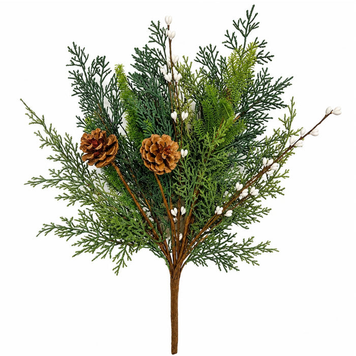 22-inch real touch mixed greenery spray with green pine and cedar-style foliage, brown pinecones, and white pip berries, XS85200.