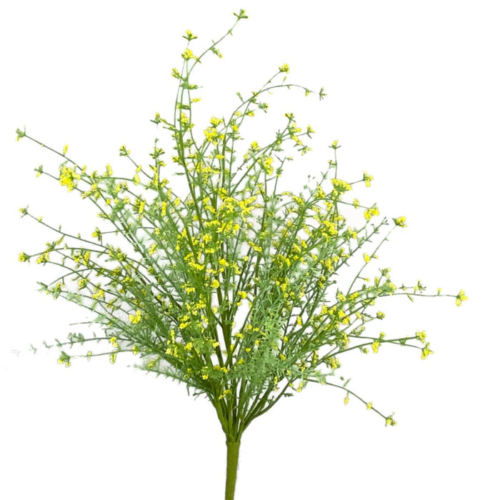 The 22 Inch Yellow Filler Bush with 9 Stems and Green Foliage (63097YW) features small yellow flowers and slender leaves, creating a bushy, fan-shaped display—ideal as a wreath filler or for enhancing any arrangement.
