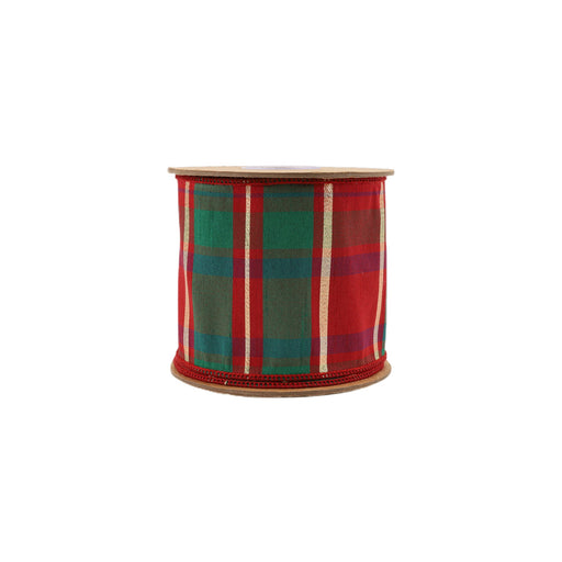 A spool of 2.5" Red Green and Gold Plaid Check Dupioni Ribbon 9113W-036-63E with wired edges and a cardboard center, featuring a classic plaid pattern, shown isolated on a white background.