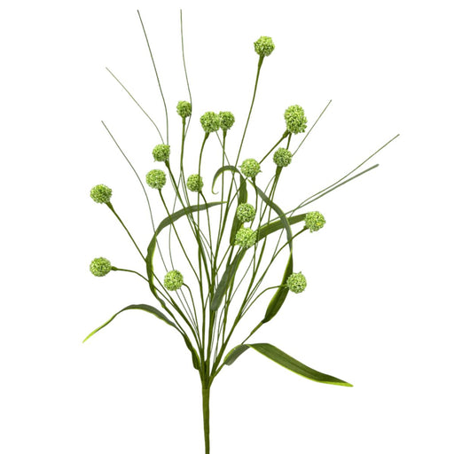 Green artificial allium spray with glittered buds and narrow leaves, 23 inches tall.