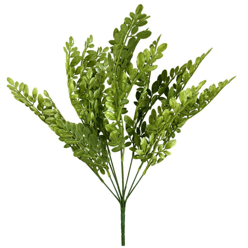 Green plastic flocked hemlock bush with 9 stems, 23 inches tall