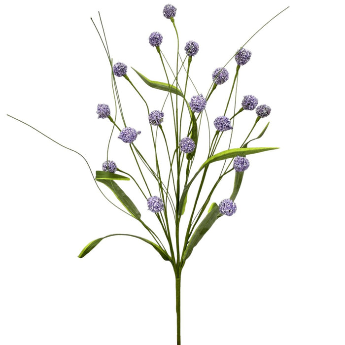 Lavender artificial allium spray with glittered buds and green leaves, 23 inches tall.