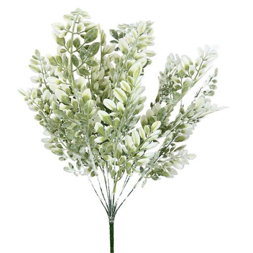 Cream and green plastic flocked hemlock bush with 9 stems, 23 inches tall