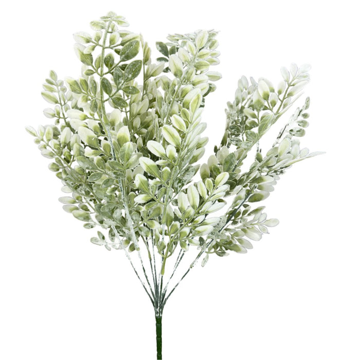 Cream and green plastic flocked hemlock bush with 9 stems, 23 inches tall