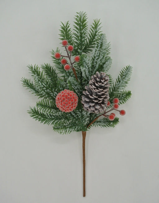The 18 White, Red and Green Snow Pine Pinecone Ice 23020 features a large pinecone, green pine branches, red berries, and snow-dusted berry clusters, all set against a plain white background.