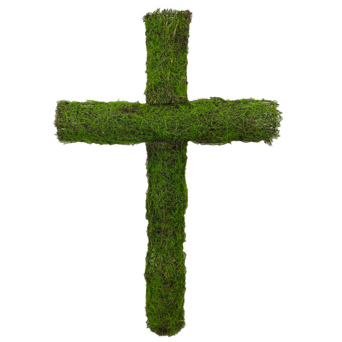 The 24 Inch Green Moss Cross 29460GN features dense, textured moss with natural fibers and uneven edges, creating a unique green cross perfect for distinctive Easter décor. Isolated on a white background.