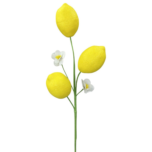 Yellow lemon pick with three lemons and small white flowers on green wired stems, 24 inches tall.