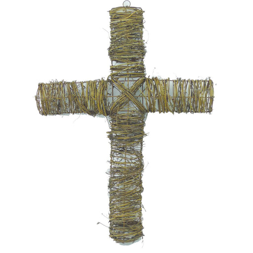The 24 Inch Natural Twig Cross 29280NAT features light wood wrapped with thin, dry twigs, ideal as a farmhouse wreath accent or rustic wall décor, and is set against a plain white background.
