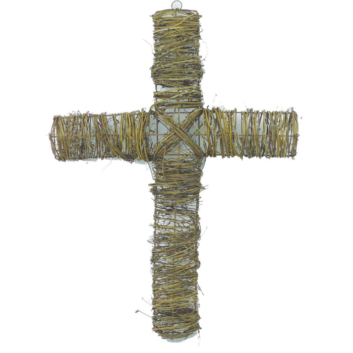 The 24 Inch Natural Twig Cross 29280NAT features light wood wrapped with thin, dry twigs, ideal as a farmhouse wreath accent or rustic wall décor, and is set against a plain white background.