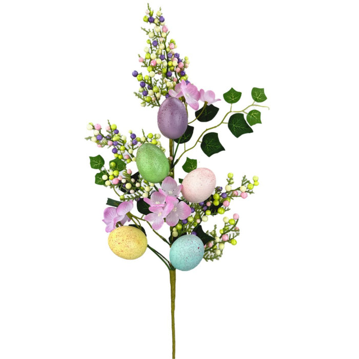 Pastel Easter spray with speckled eggs, pink flowers, berries, and green ivy, 26 inches tall.