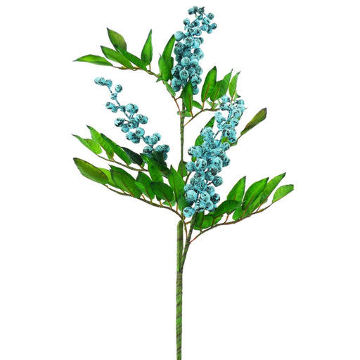 The 28 Inch Blueberry Spray with Green Leaves 62690BL features clusters of small, round blue berries and elongated green leaves—perfect for wreaths or floral arrangements.