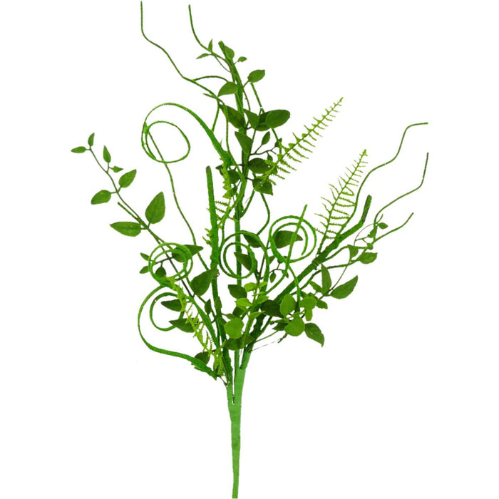 28-inch artificial green leaf spray with assorted leaves, fern fronds, and curly tendrils