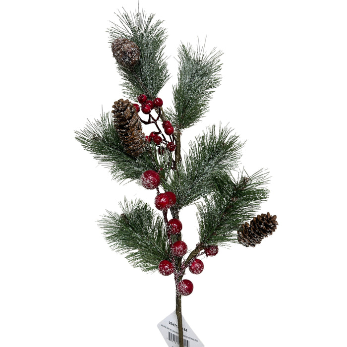 28-inch snow-dusted green pine spray with red berries and brown pinecones for Christmas wreaths and winter floral arrangements, XS47126-184.