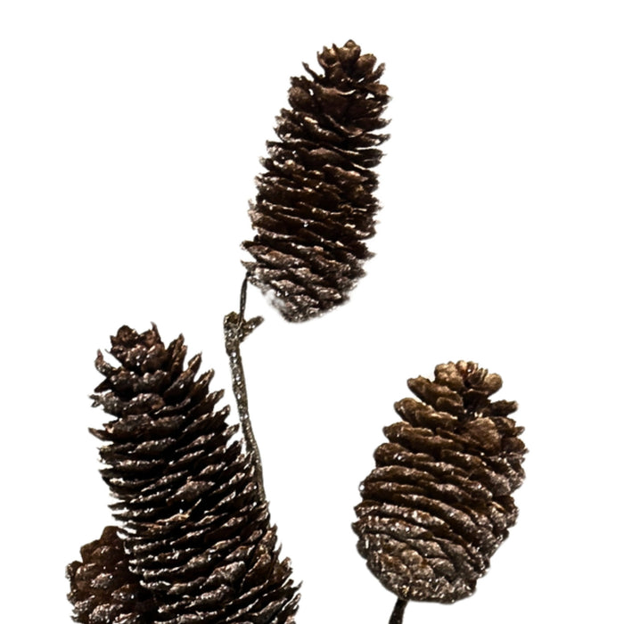 Close-up of brown pinecones with layered scales and a subtle frosted finish on the 28-inch pinecone spray, XS47124-083.