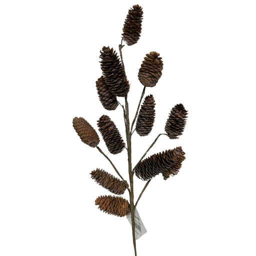 28-inch brown pinecone spray featuring multiple pinecones on branching stems with lightly frosted accents, XS47124-083.