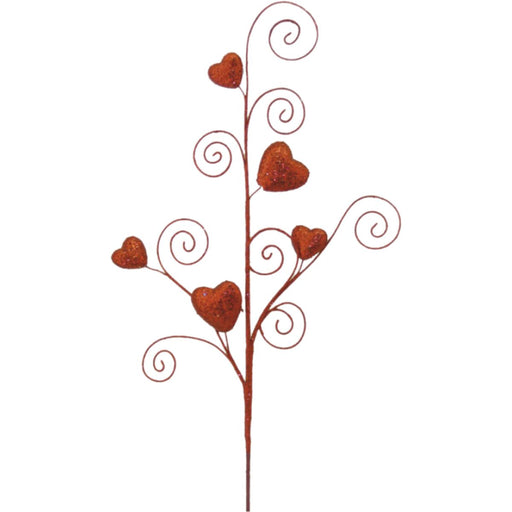 28-inch red Valentine spray with glittered red hearts and curled spiral stems