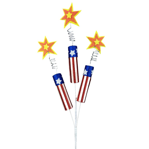 Patriotic glitter firecracker spray with red, white, and blue stripes and star toppers, 28 inches tall