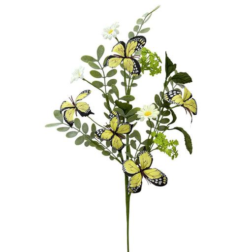 Artificial 28-inch floral spray with yellow butterflies, creamy white daisies, and green foliage on five stems.