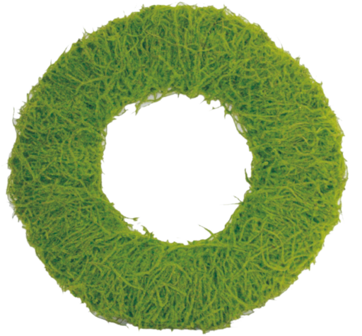 The 18 Green Moss Wreath (29212GN) showcases a shaggy, grass-like texture resembling artificial turf or natural moss on a crisp white background.