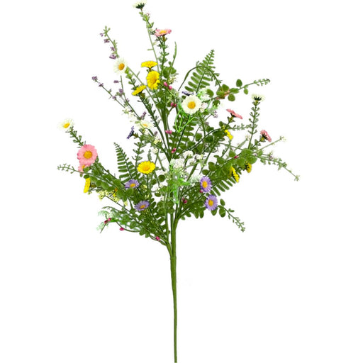 30 inch petite daisy filler spray with pink, yellow, and lavender flowers and green leaves made from synthetic materials