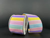Two spools of the 2.5"X10Y Lavender-Yellow-Pink-Lt Blue-White Wide Stripes Ribbon 31402-40-02 are set against a dark backdrop, showcasing their wide pastel stripes in alternating shades of pink, yellow, lavender, light blue, and green.