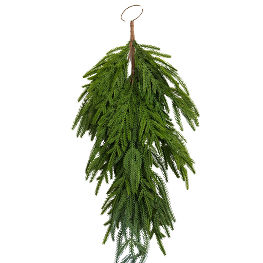 The 28 by 14 Soft Touch Evergreen Norfolk Teardrop 31852 features needle-like green pine branches hanging from a brown stem with a circular metal loop for easy display, set against a white background.