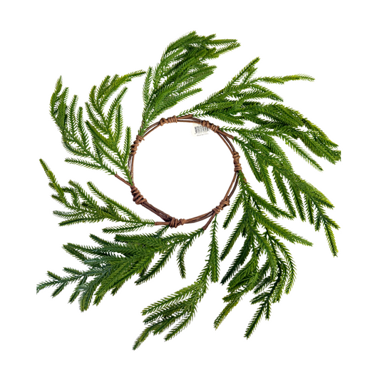 The 17 Soft Touch Evergreen Norfolk Pine Wreath 31853 features green pine branches and brown twine, arranged on a white background with outward-fanning needles for a festive, natural look.