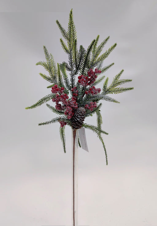The 25 Green and Red Pine Berry Cone Spray 32124 features green pine needles, red berries, and a pine cone on a long stem, set against a plain white background.