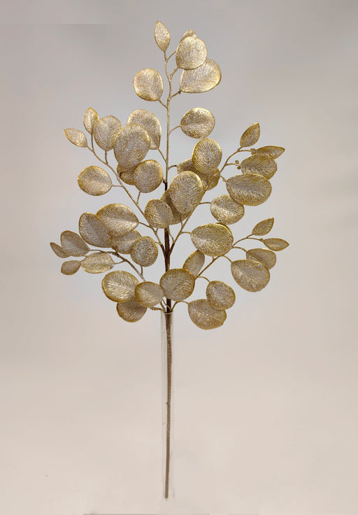 The 29 Gold Eucalyptus Leaf Spray 32140 features round, gold and silver metallic leaves on slender stems with textured, glittery foliage—perfect for eye-catching decor against any plain background.