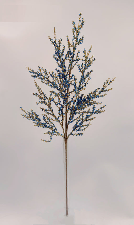 The 30.5 Blue and Gold Iced Twig Spray (32146-BLGD) features multiple slender stems adorned with small blue and gold flowers, displayed against a plain white background.