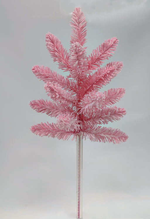 A small artificial tree stands upright against a light gray background, featuring fluffy pink and white branches that resemble the 26 Pink and White Snowy Christmas Spray 32173, with no decorations or ornaments.