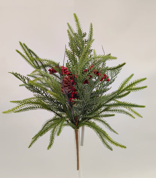The 20.5 Green and Red Pine berry Cone Bush 32183 features lush green pine branches, red berries, and a brown pinecone, offering classic holiday charm on a white background.