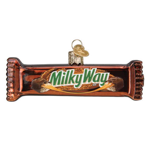 Milky Way Old World Christmas Ornament 32609 shaped like a chocolate bar, featuring the logo and an illustration of the bar split in half with caramel stretching between the pieces.